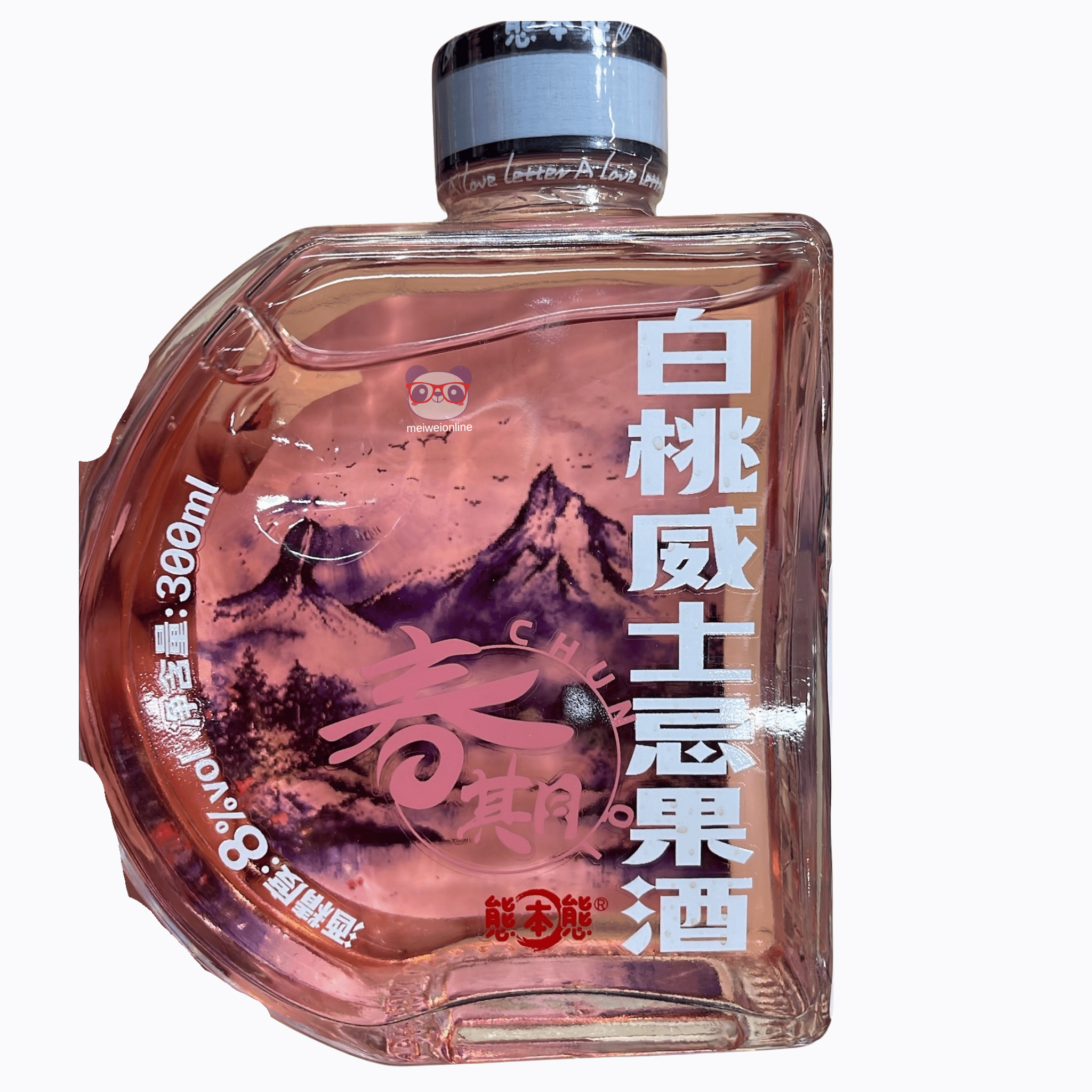 Garrafa decorativa de licor chinês de pêssego Chunqiuyue 春其月白桃威士忌果酒, 330ml, com arte de montanhas e design moderno.