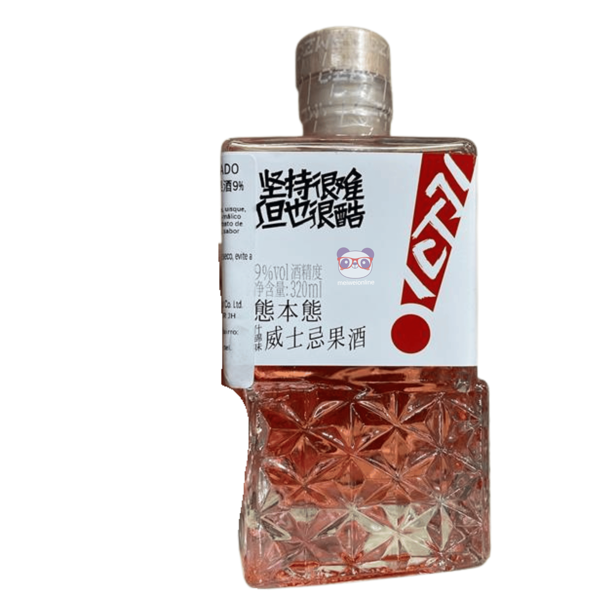 Garrafa decorativa de licor chinês de pêssego 熊本熊威士忌果酒, 320ml, com design moderno e detalhes em relevo.