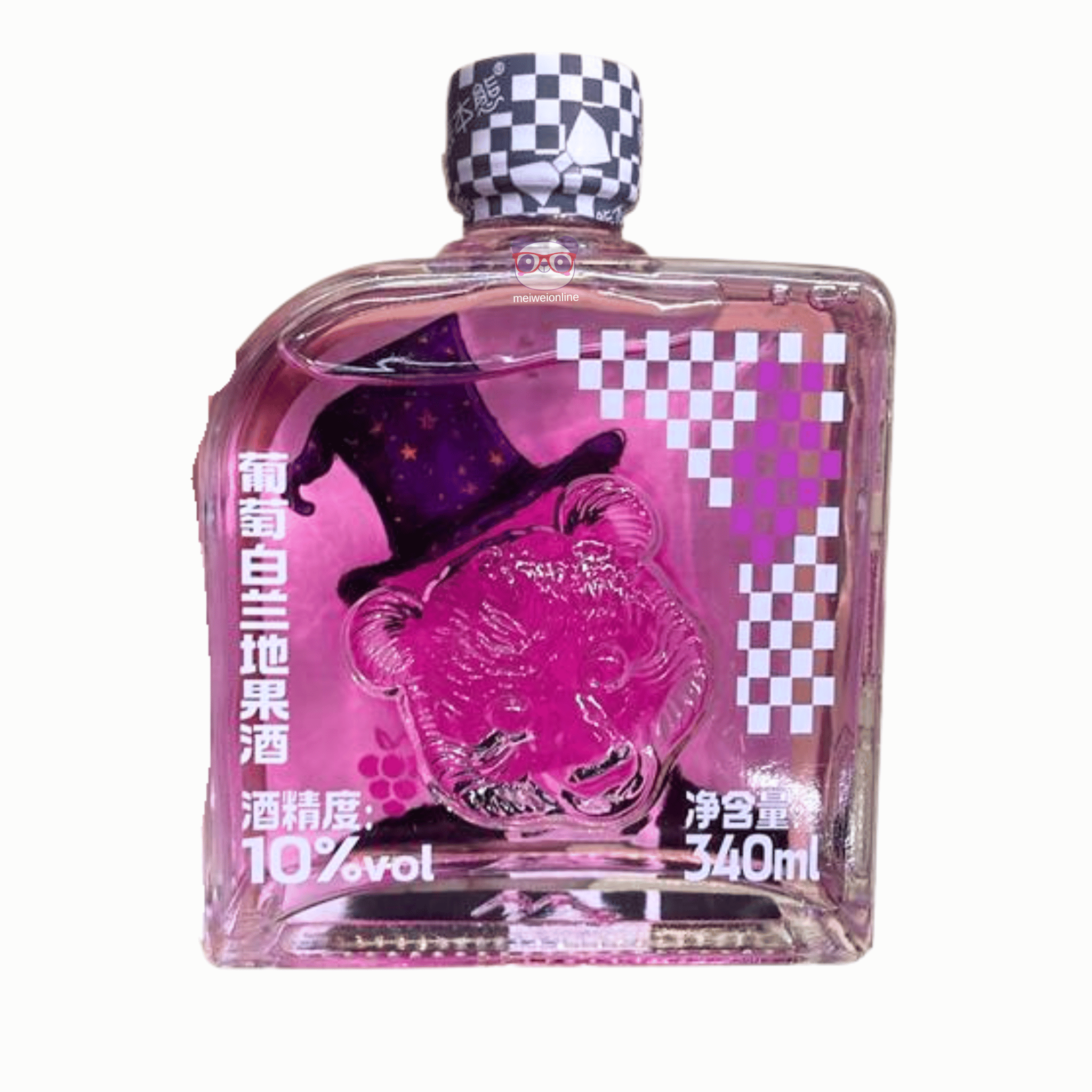 Garrafa decorativa de licor chinês de uva 熊本熊葡萄白兰地果酒, 340ml, com relevo de urso e tampa xadrez.