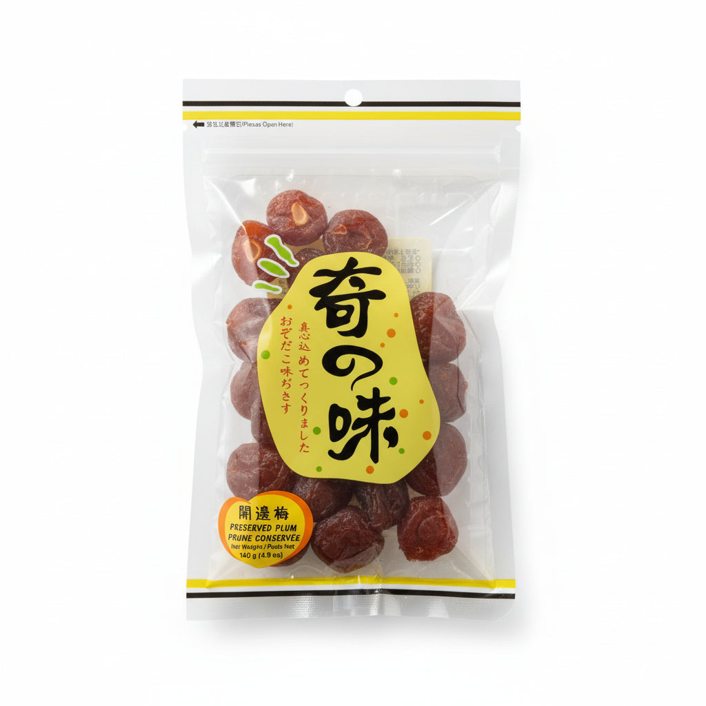 Mei Wei: Ameixa Conservada Ki no Aji 140g em embalagem transparente com rotulo amarelo