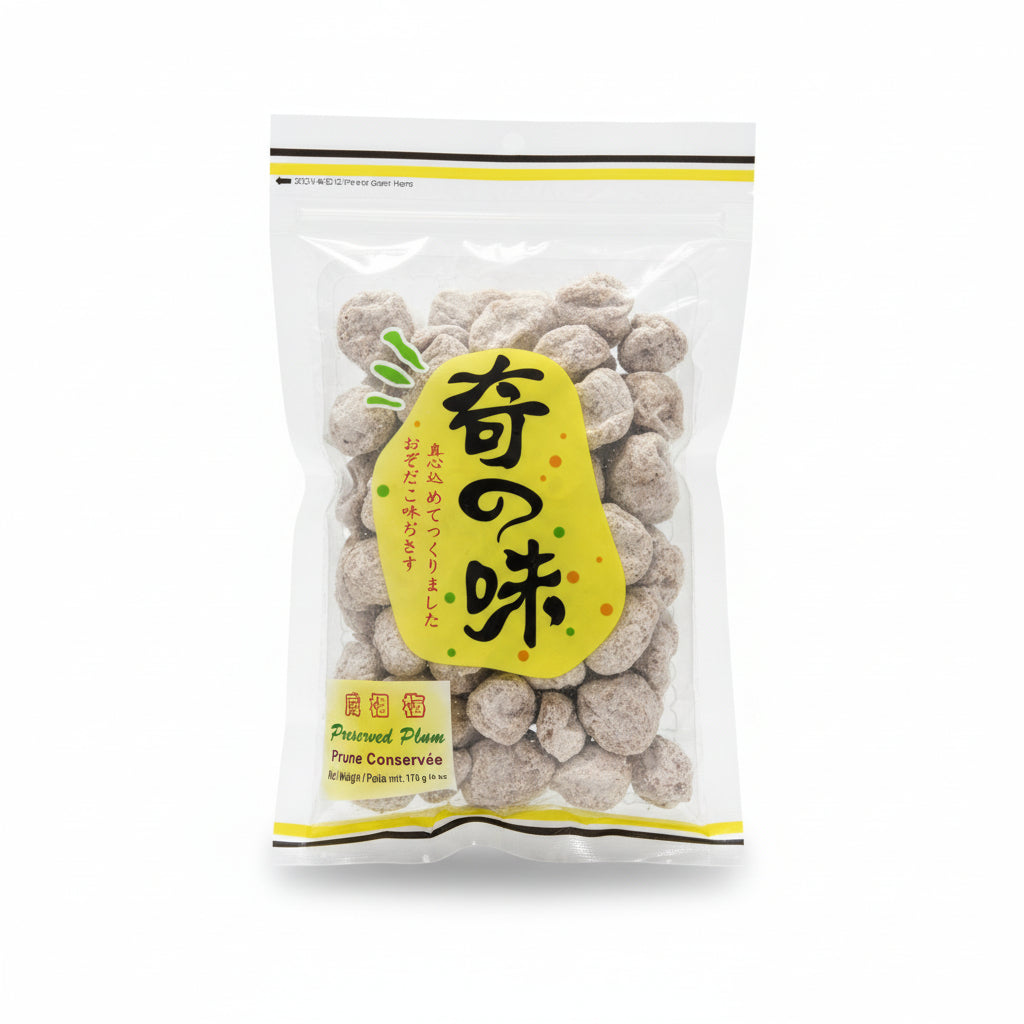 Mei Wei: Ameixa em Conserva Ki no Aji 170g em embalagem transparente com rotulo amarelo