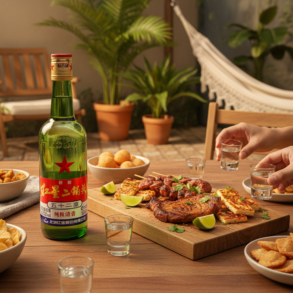 Mei Wei: Baijiu Chinês Red Star Erguotou 500ml em encontro social brasileiro - fusão cultural Brasil-China em momento descontraído