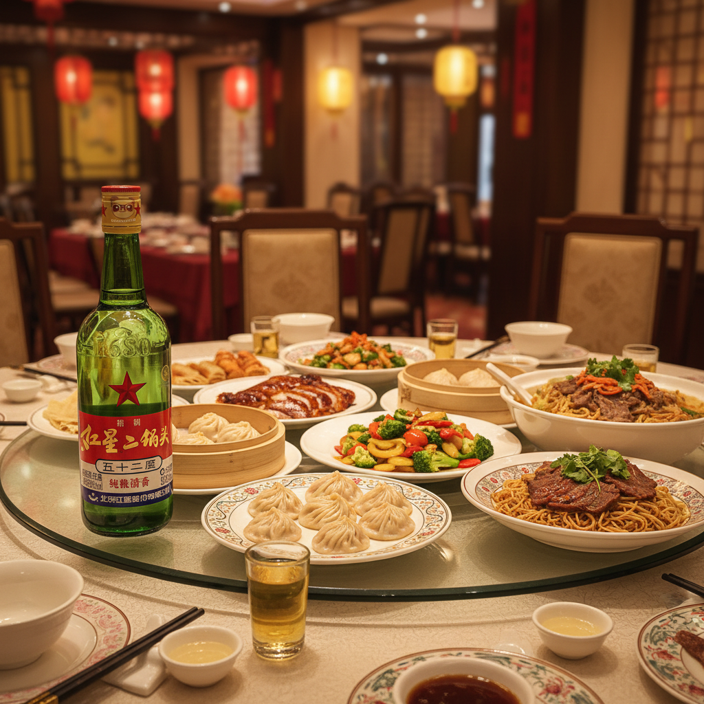 Mei Wei: Baijiu Chinês Red Star Erguotou 500ml com jantar chinês tradicional - harmonização perfeita com culinária chinesa
