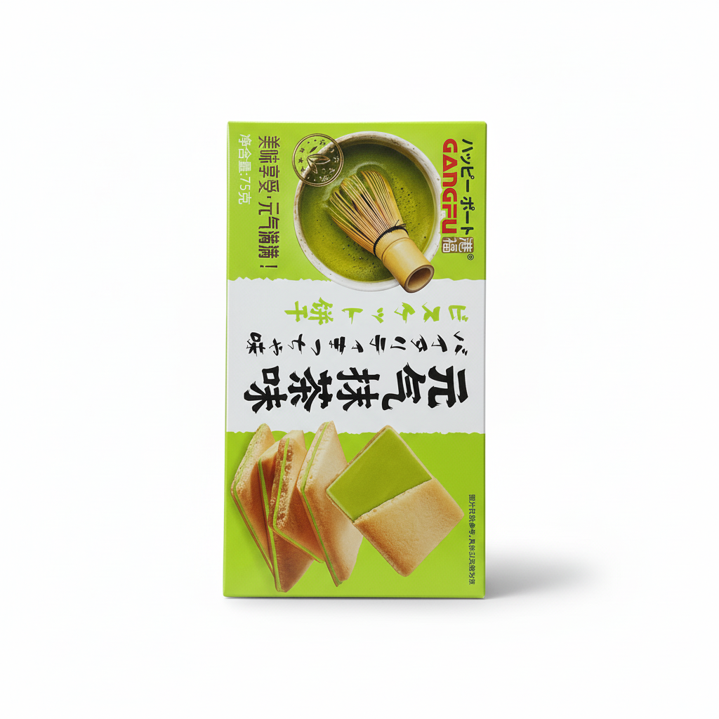 Mei Wei: Biscoito Wafer Matcha Gangfu 75g - Embalagem em Fundo Branco