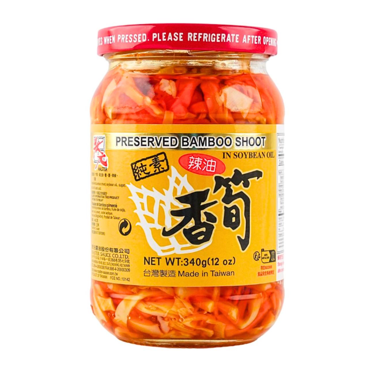 Frasco de broto de bambu em conserva picante 辣油香筍 em óleo de soja, produto de Taiwan, peso líquido 340g