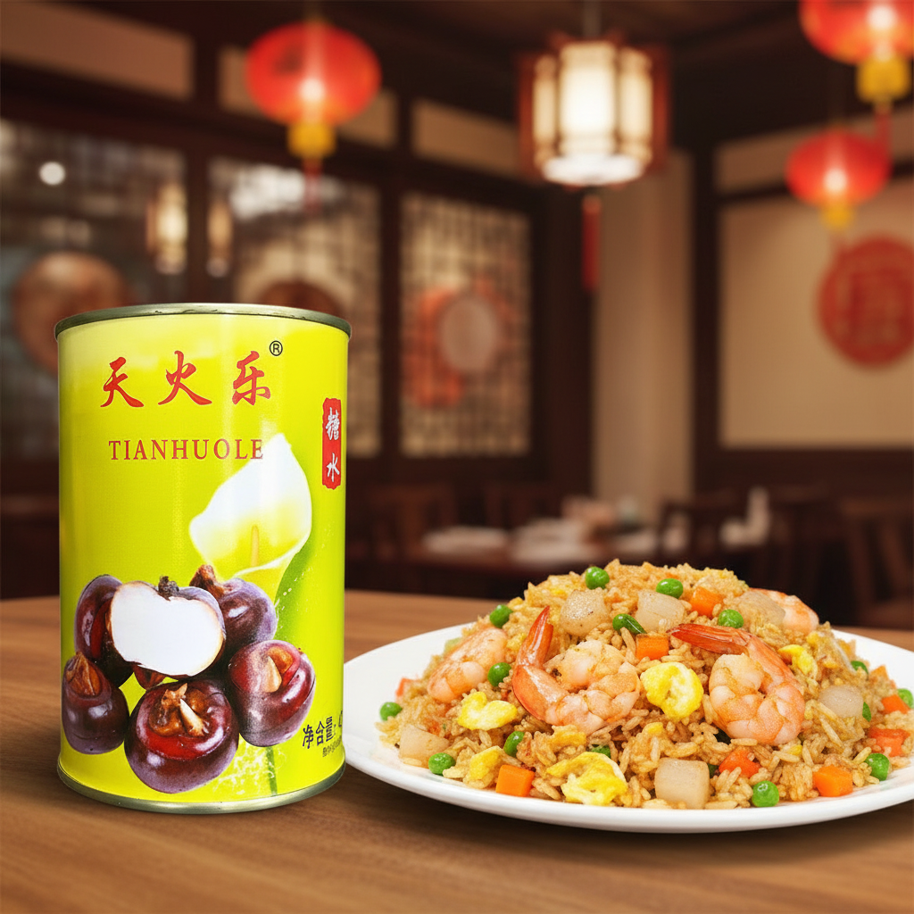 Mei Wei: Castanha d'água enlatada Tianhuole 425g ao lado de arroz frito chinês - prato tradicional asiático com castanhas crocantes