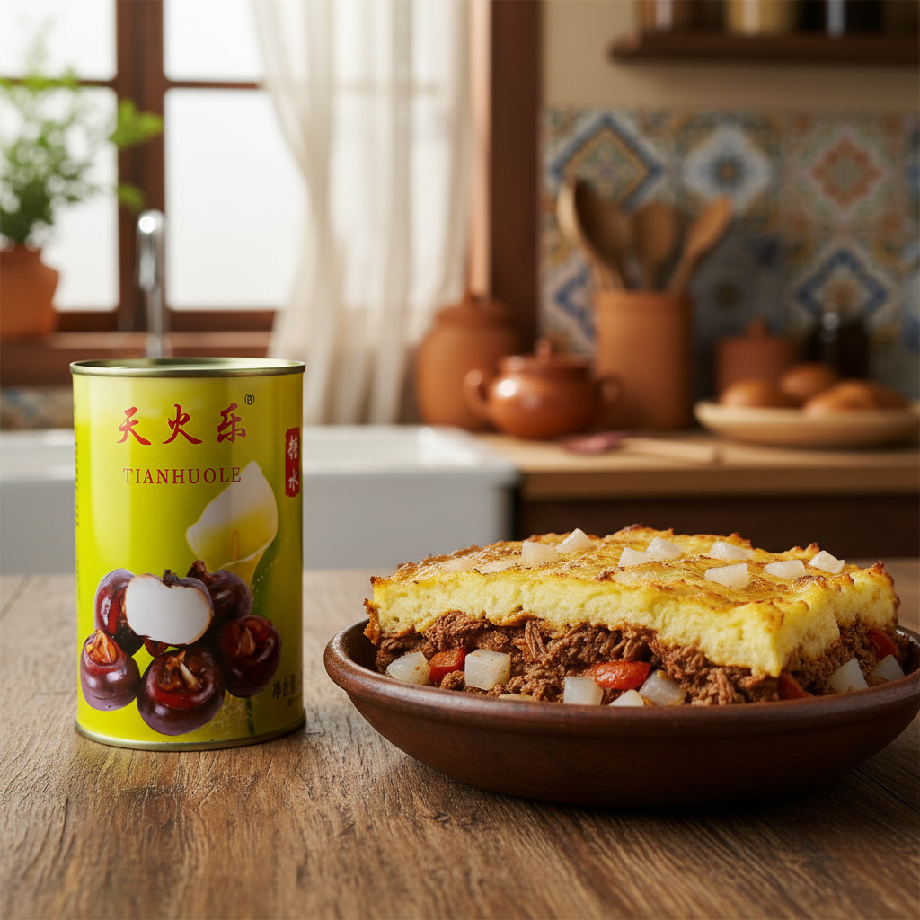 Mei Wei: Castanha d'água enlatada Tianhuole 425g ao lado de escondidinho brasileiro - comfort food com fusão de ingrediente asiático crocante