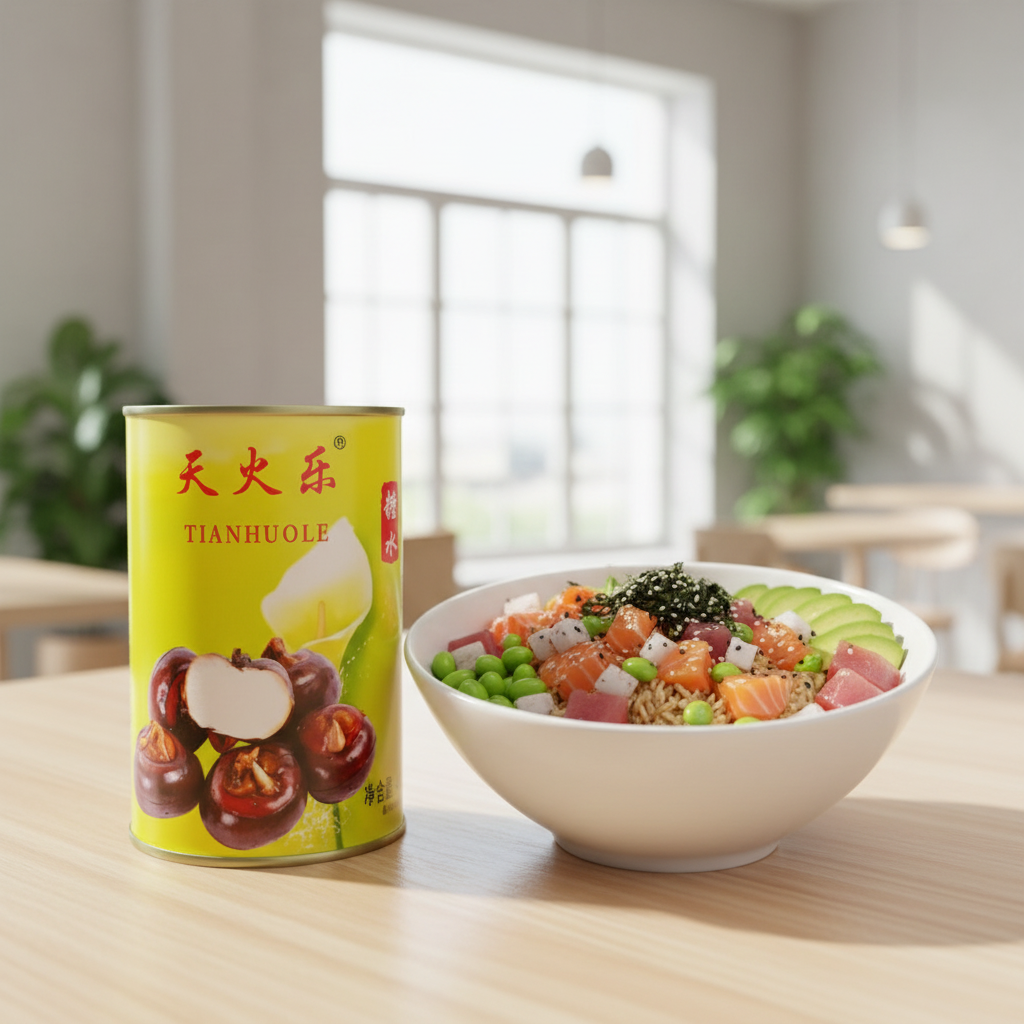 Mei Wei: Castanha d'água enlatada Tianhuole 425g ao lado de poke bowl - receita saudável e moderna com castanhas crocantes