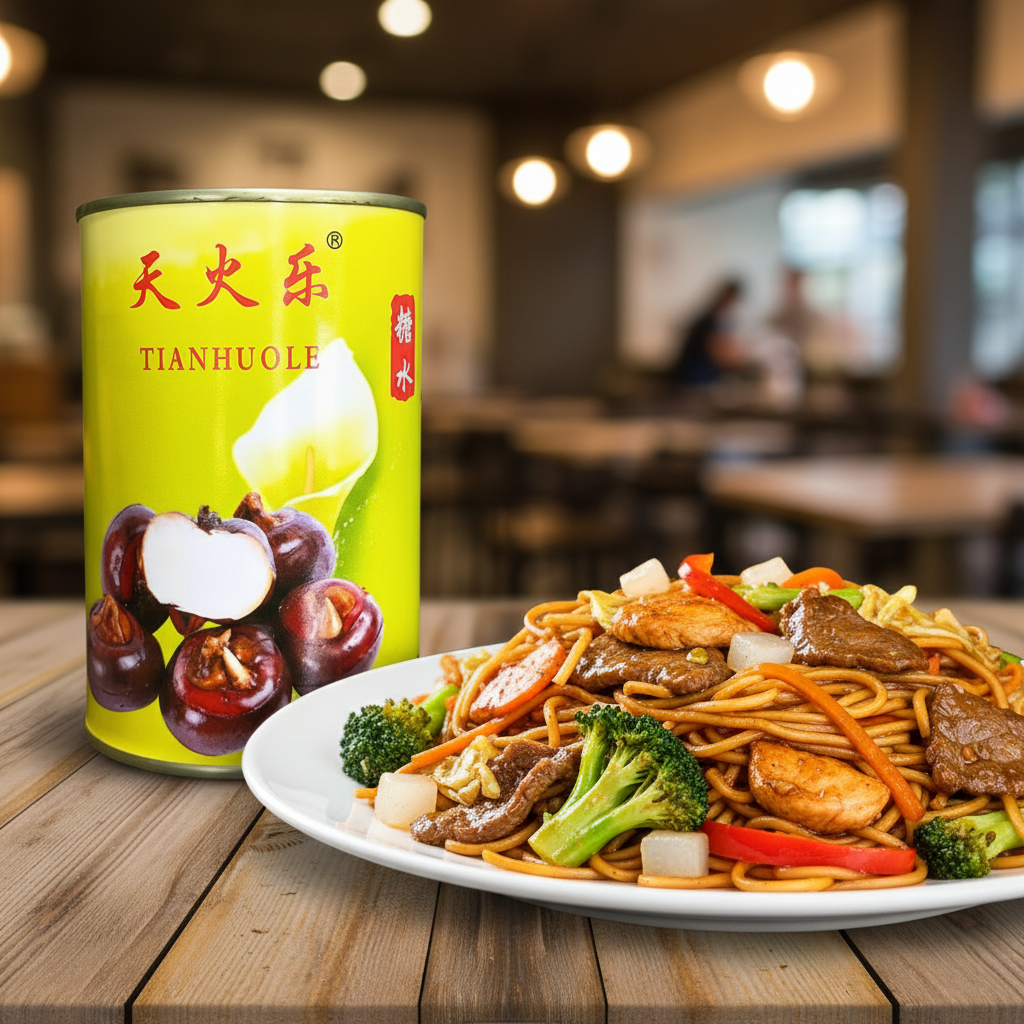 Mei Wei: Castanha d'água enlatada Tianhuole 425g ao lado de yakisoba brasileiro - fusão da culinária brasileira com ingrediente asiático crocante