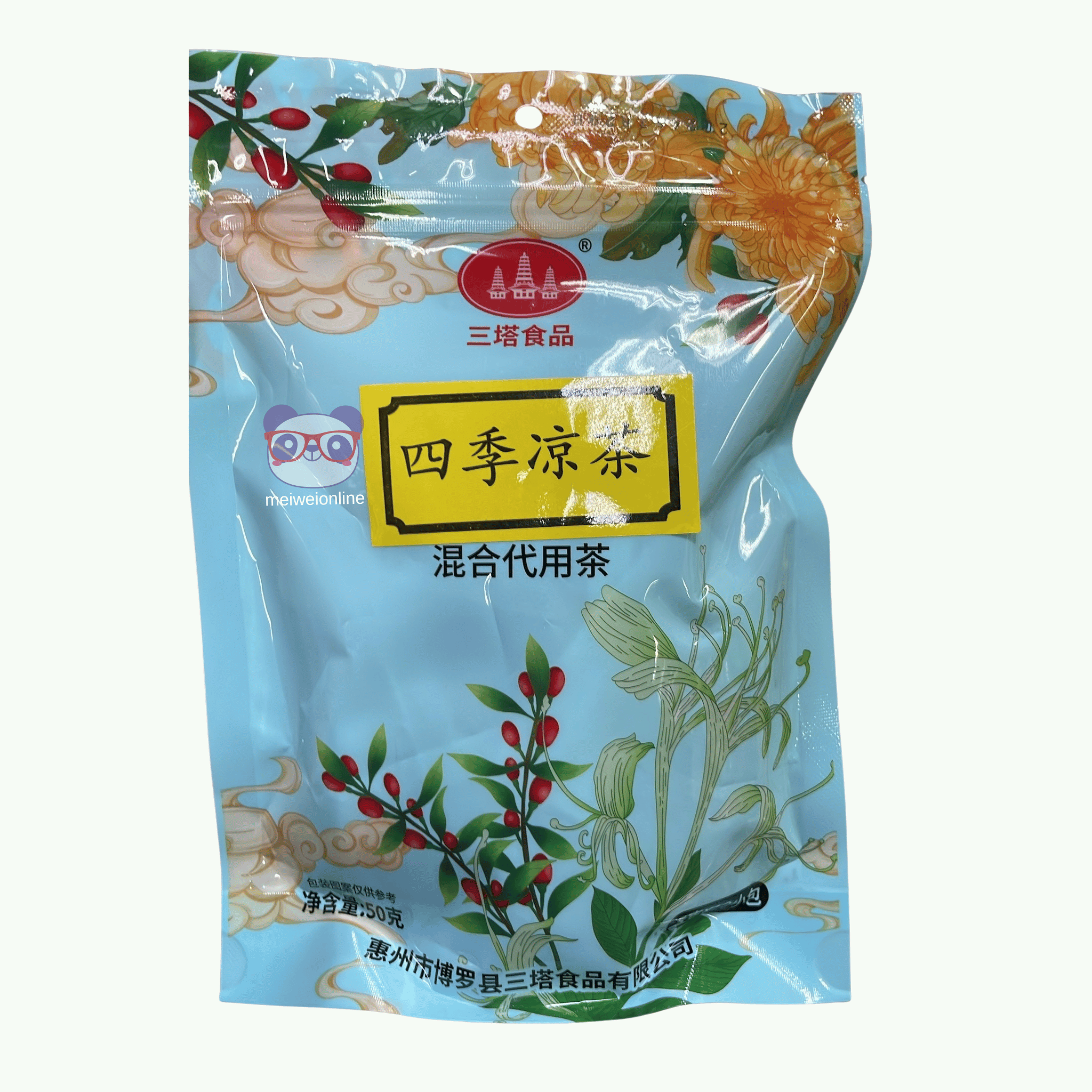 Embalagem de chá chinês Quatro Estações 四季凉茶 50g – mistura de ervas tradicionais, produto oriental disponível na Mei Wei.