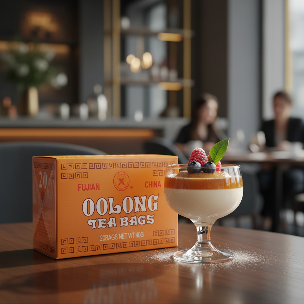 Mei Wei: Chá de Oolong Tea Fujian 20 sachês 40g em panna cotta - receita criativa de sobremesa italiana gourmet com infusão de chá oolong