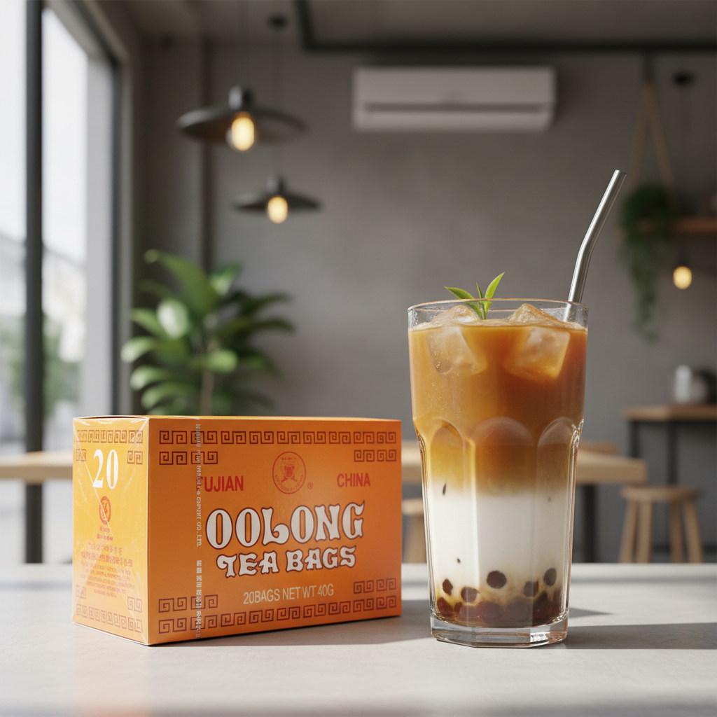 Mei Wei: Chá de Oolong Tea Fujian 20 sachês 40g como latte moderno em café trendy - versão criativa e jovem do chá tradicional