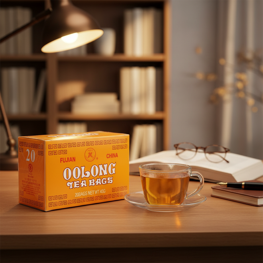 Mei Wei: Chá de Oolong Tea Fujian 20 sachês 40g em momento de leitura - chá para concentração e relaxamento