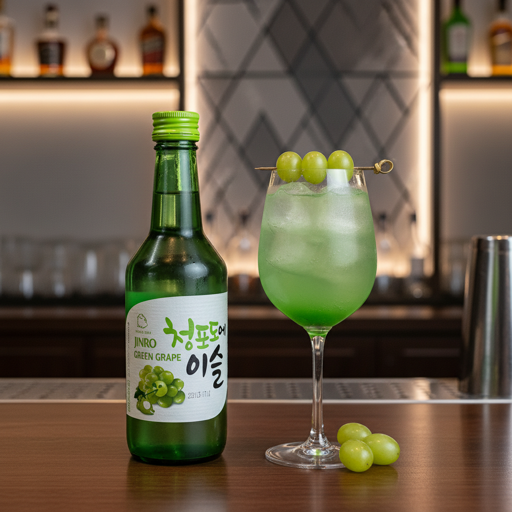 Mei Wei: Coquetel com Soju de Uva Verde Jinro (청포도 이슬) - drink refrescante com gelo e uvas verdes em taça de vinho ao lado da garrafa em bar moderno sofisticado