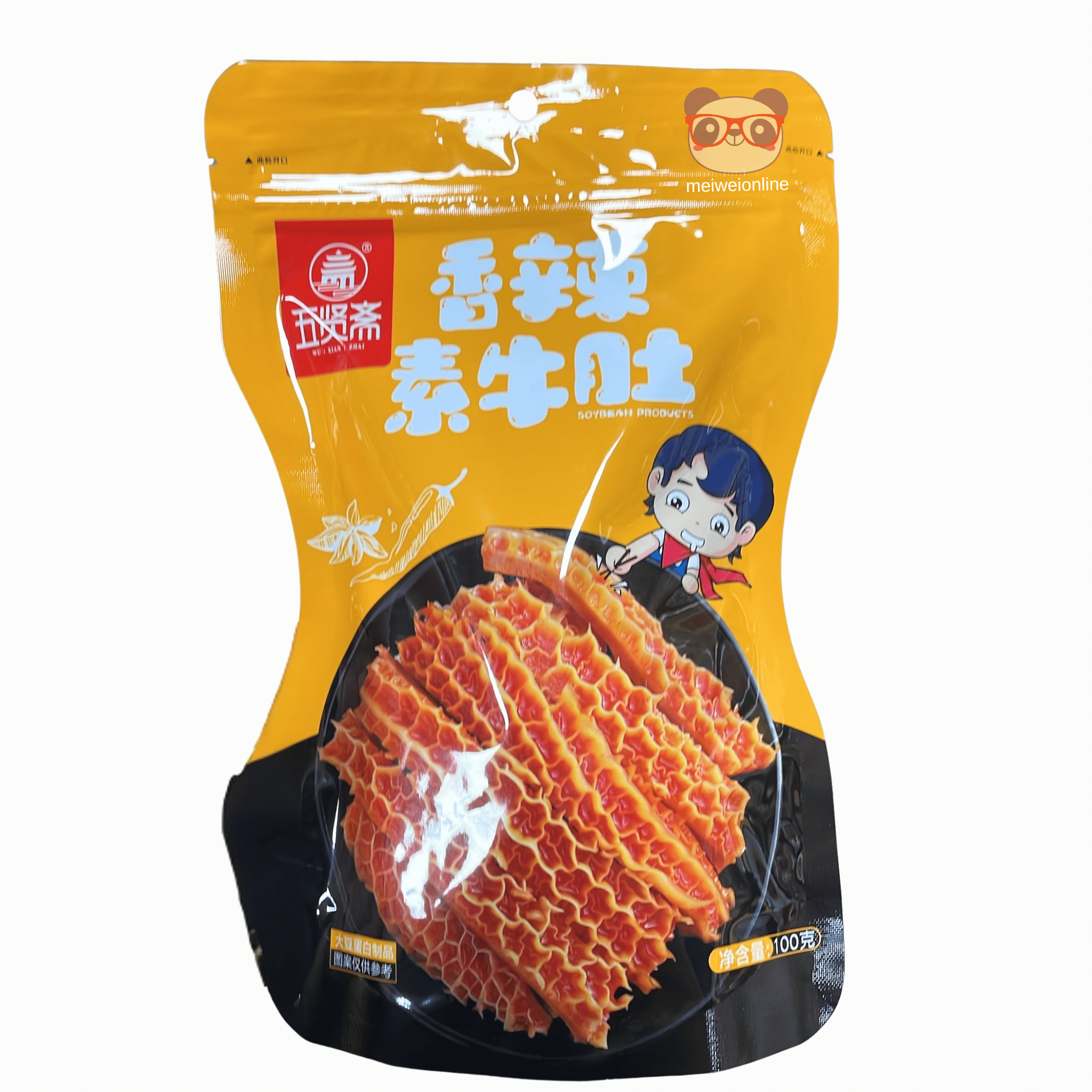 Mei Wei Dobradinha vegana de soja sabor picante Wuxian 五贤斋 embalagem 100g