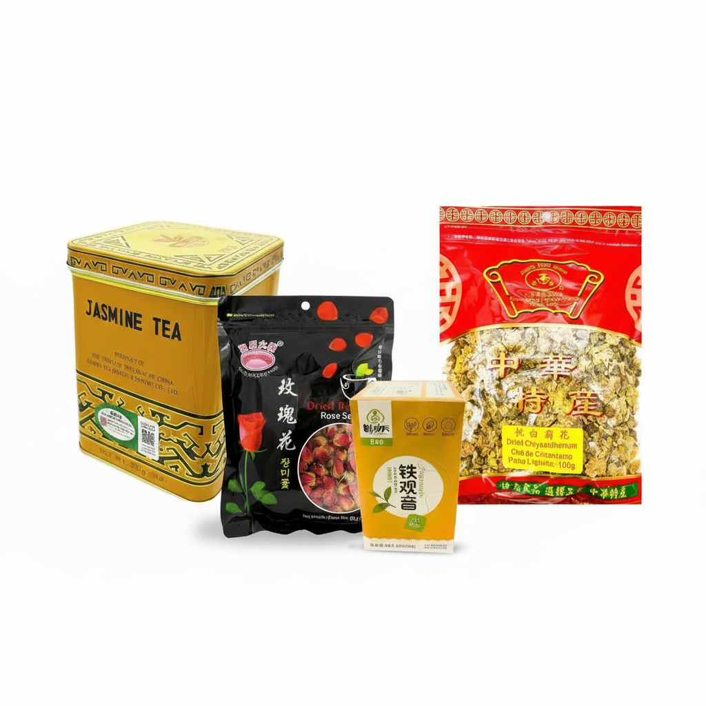 Mei Wei: Kit Chá & Flores — Chá de Jasmim, Rosa Seca, Crisântemo e Oolong TieGuanYin