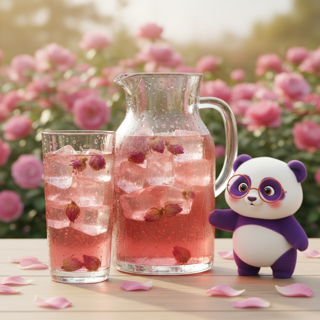 Mei Wei: Kit Chá & Flores com chá de rosa gelado em jardim ensolarado