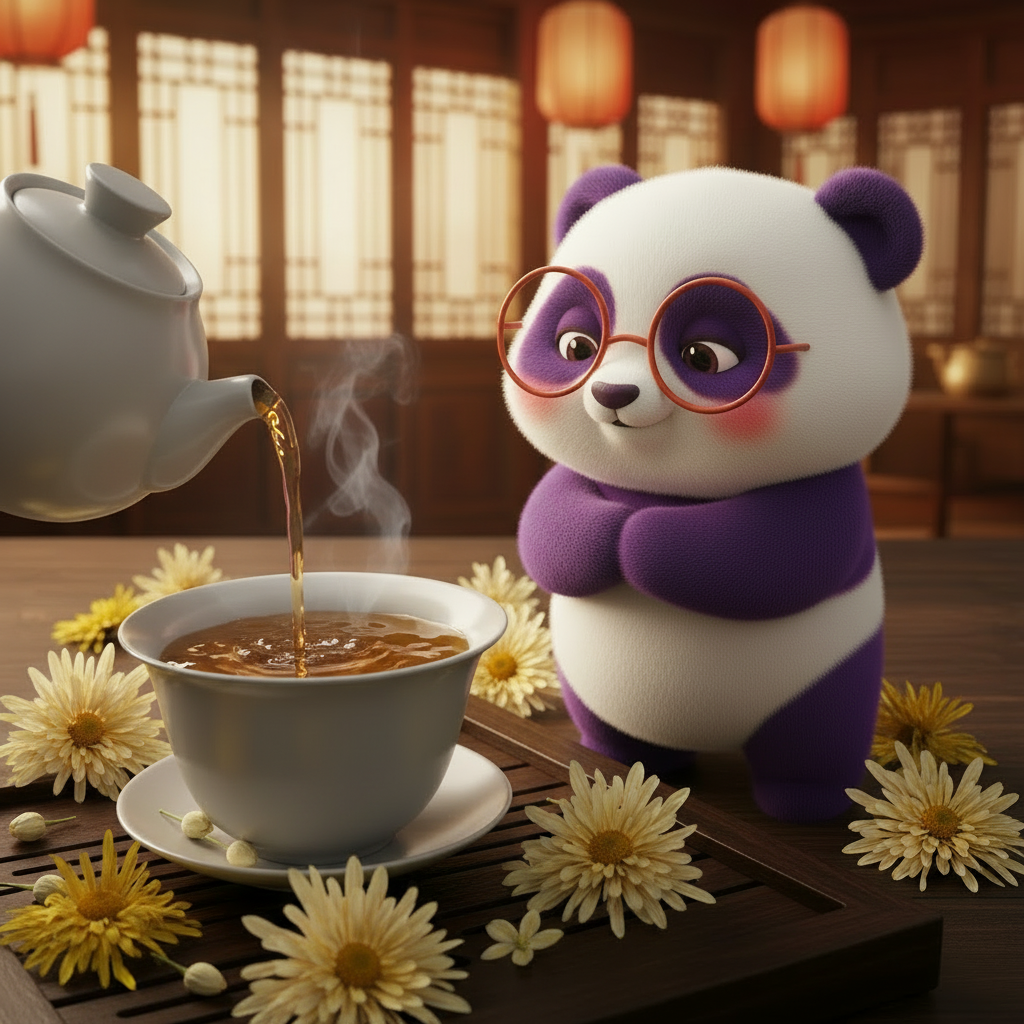 Mei Wei: Kit Chá & Flores com bule servindo chá de crisântemo