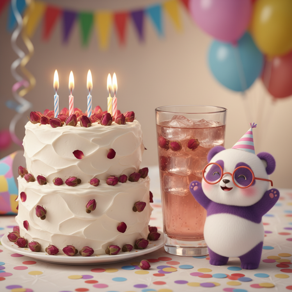 Mei Wei: Kit Chá & Flores com bolo de aniversário decorado com botões de rosa e chá gelado