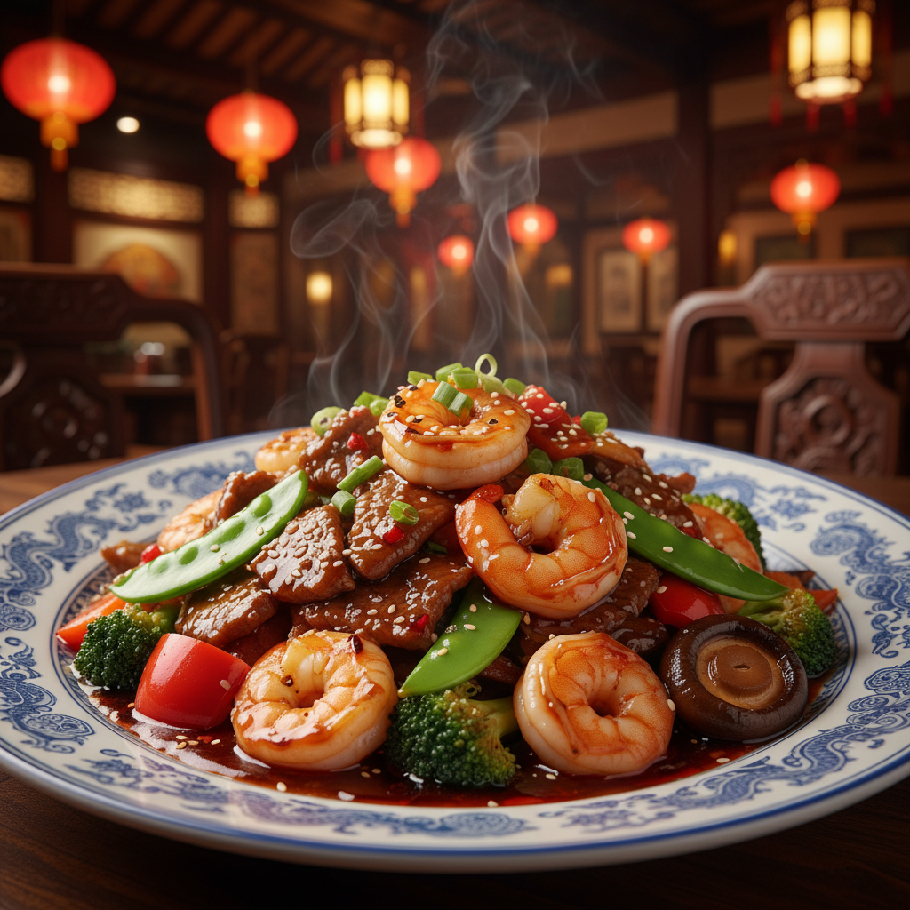 Mei Wei: camarões salteados com legumes preparados com Kit Essencial Cozinha Asiática, molho shoyu, gergelim, vagem e brócolis em prato tradicional chinês