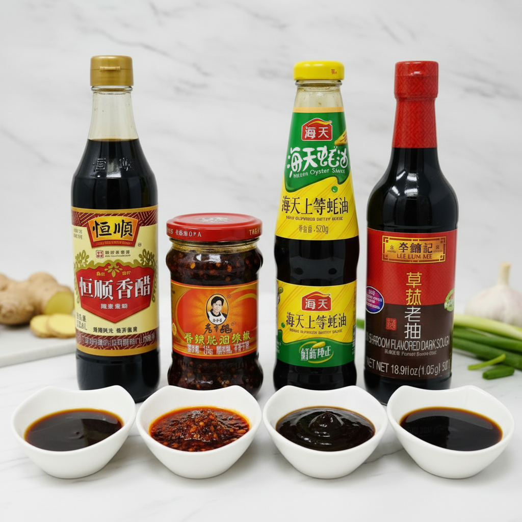 Mei Wei: Kit Essencial Cozinha Asiática com 4 molhos premium em garrafas e tigelas mostrando texturas - vinagre de arroz, pimenta crispy, molho de ostra e shoyu sobre mármore branco
