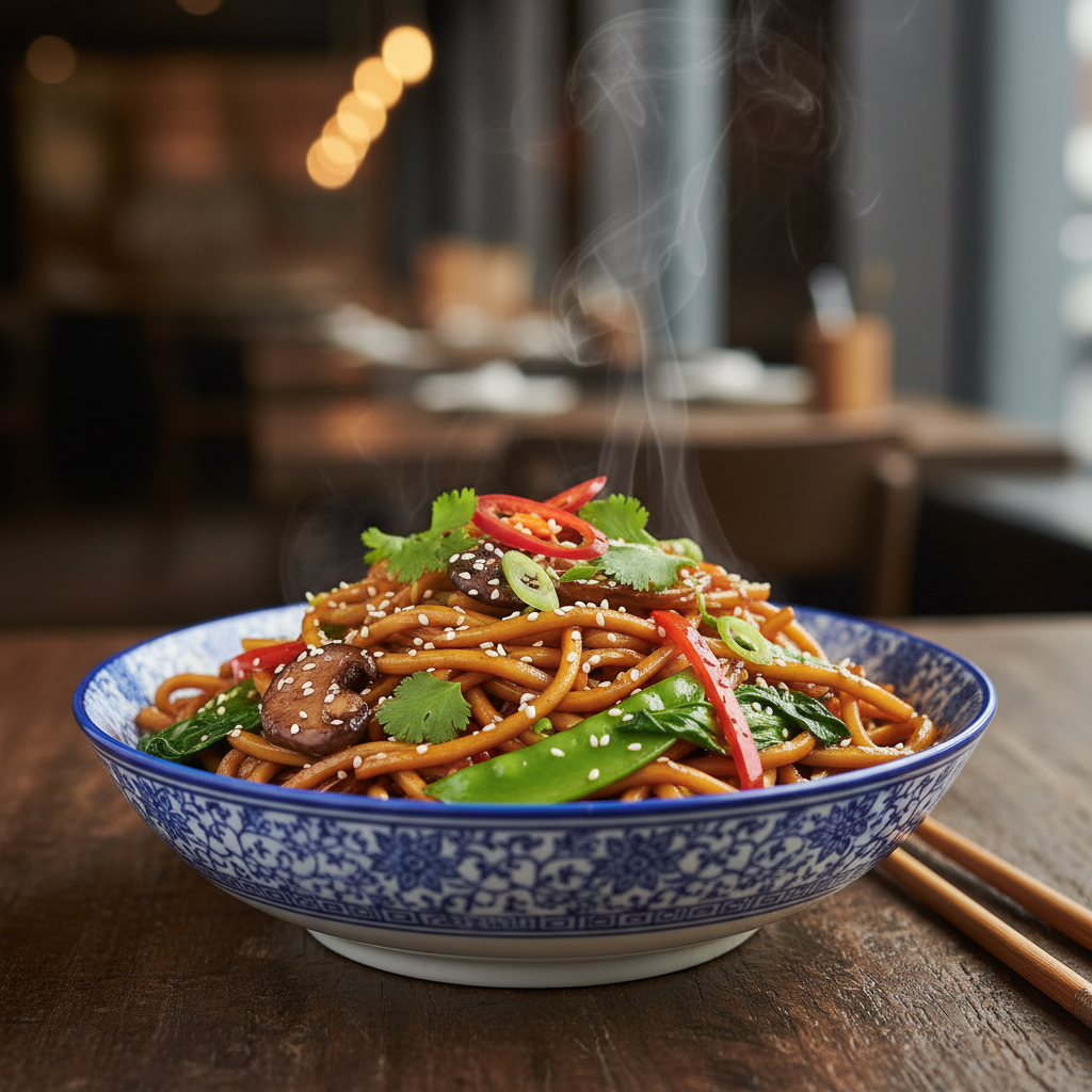 Mei Wei: noodles asiáticos salteados com legumes preparados com Kit Essencial Cozinha Asiática, molho shoyu, gergelim, cogumelos e cebolinha