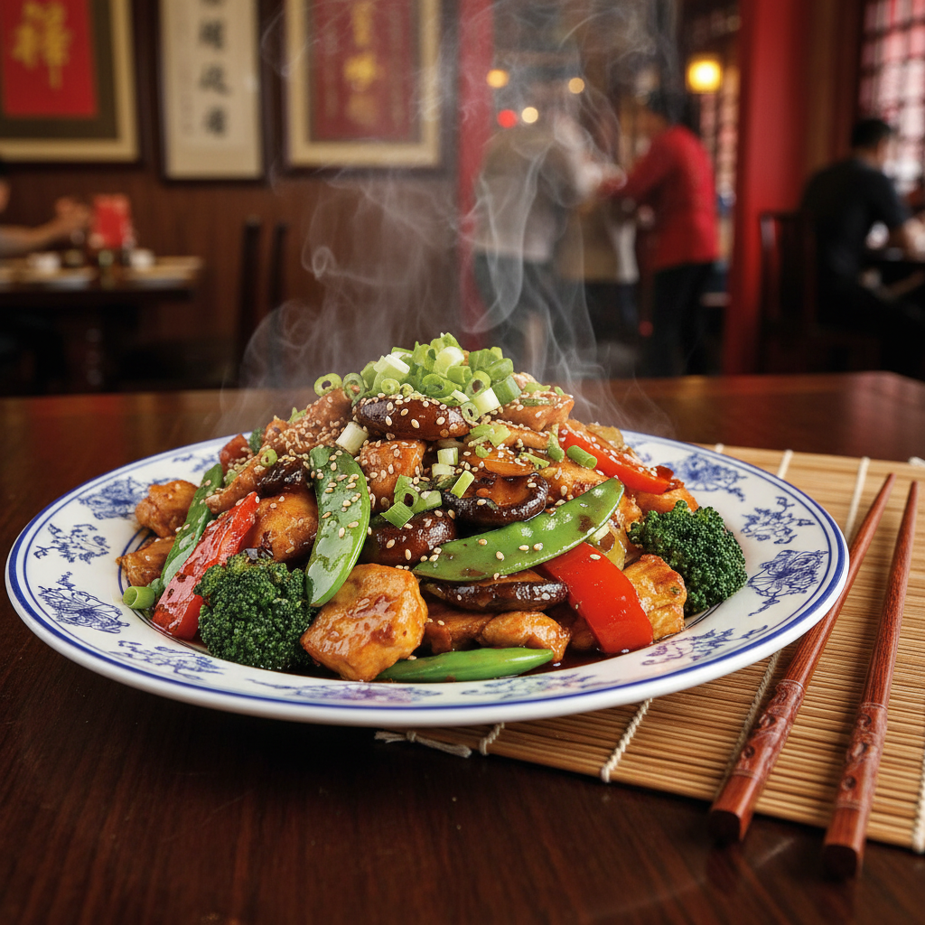 Mei Wei: salteado de legumes e frango em cubo asiáticos preparado com Kit Essencial Cozinha Asiática, molho shoyu, gergelim, vagem, brócolis, carne de frango em cubo e pimentão

