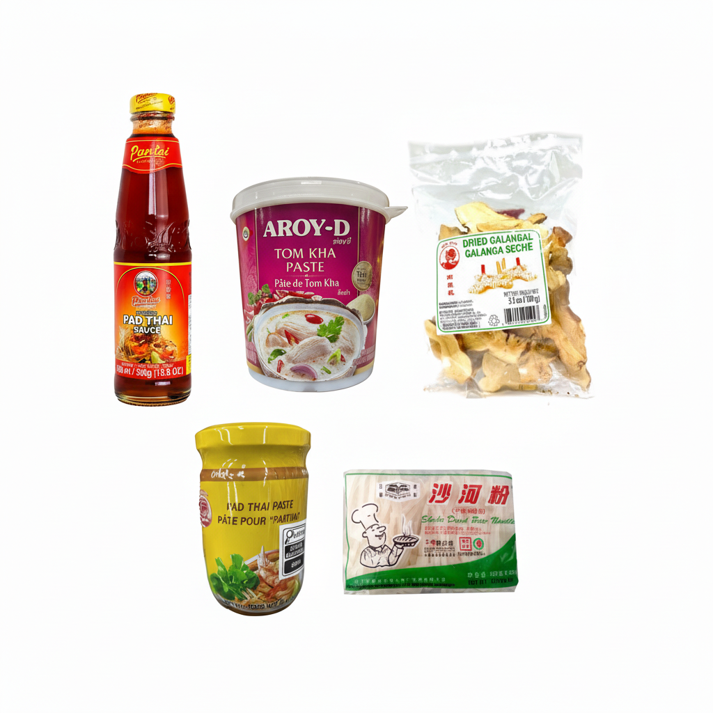 Mei Wei: Kit Noite Tailandesa com 5 produtos — Molho Pad Thai Pantai, Tom Kha Aroy-D, Galangal Cock Brand, Pasta Pad Thai Cock Brand e Macarrão Ho Fun