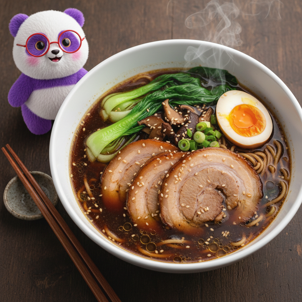 Mei Wei: Lamen japonês com carne de porco, shoyu escuro e óleo de gergelim