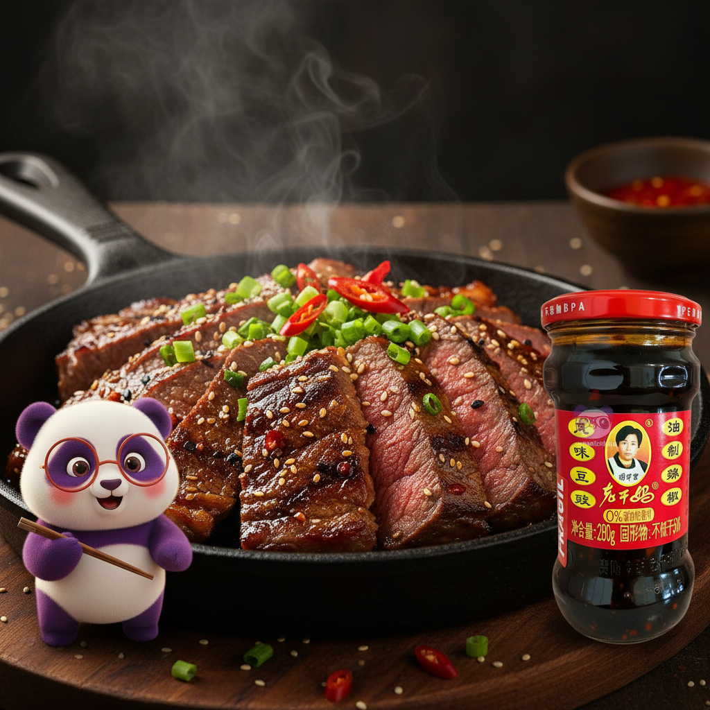 Mei Wei: Molho de Pimenta Lao Gan Ma Tradicional 280g com carne grelhada asiática