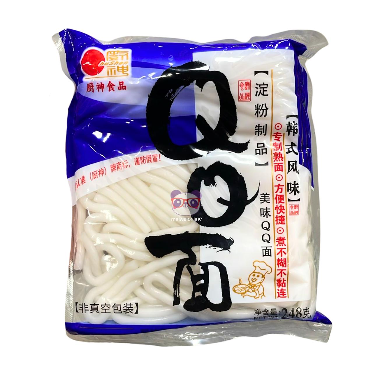 Embalagem azul e branca de macarrão udon fresco estilo coreano 韩式风味 QQ面, fios grossos de macarrão de trigo prontos para cozinhar, pacote 248g