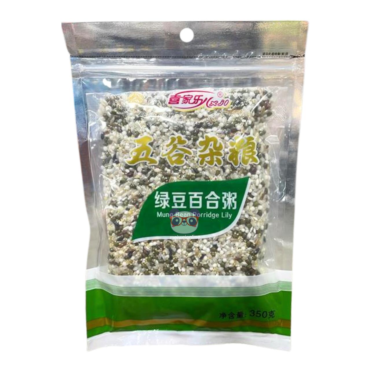 Embalagem Xijiale de mistura de grãos chineses 五谷杂粮 para mingau de feijão verde com lírio 绿豆百合粥 Mung Bean Porridge Lily, pouch transparente 350g Mei Wei