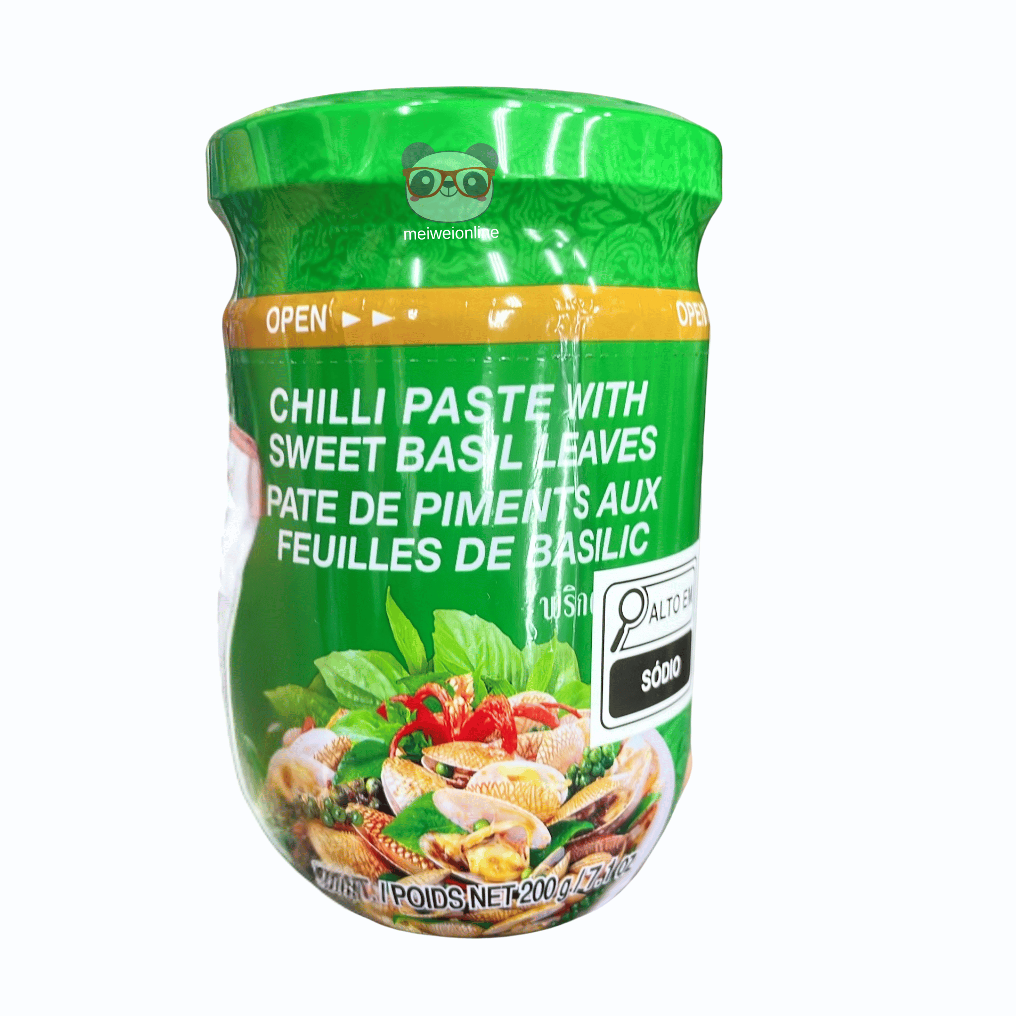 Pasta de pimenta com folhas de manjericão tailandesa 200g em pote verde – Chilli paste with sweet basil leaves