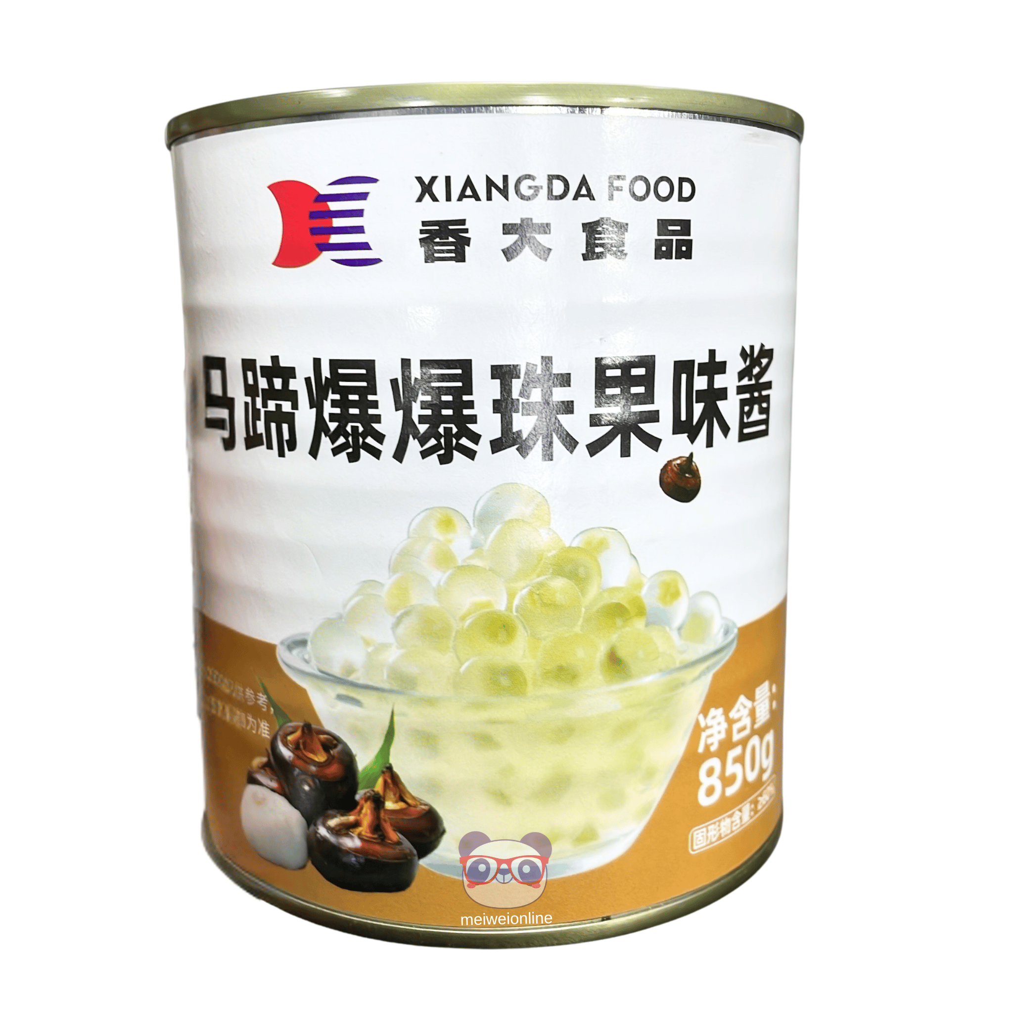 Lata de pérola explosiva de aguapé Xiangda Food 850g, embalagem branca e dourada com imagem das pérolas em tigela e ilustração do aguapé, ideal para sobremesas e bebidas asiáticas.