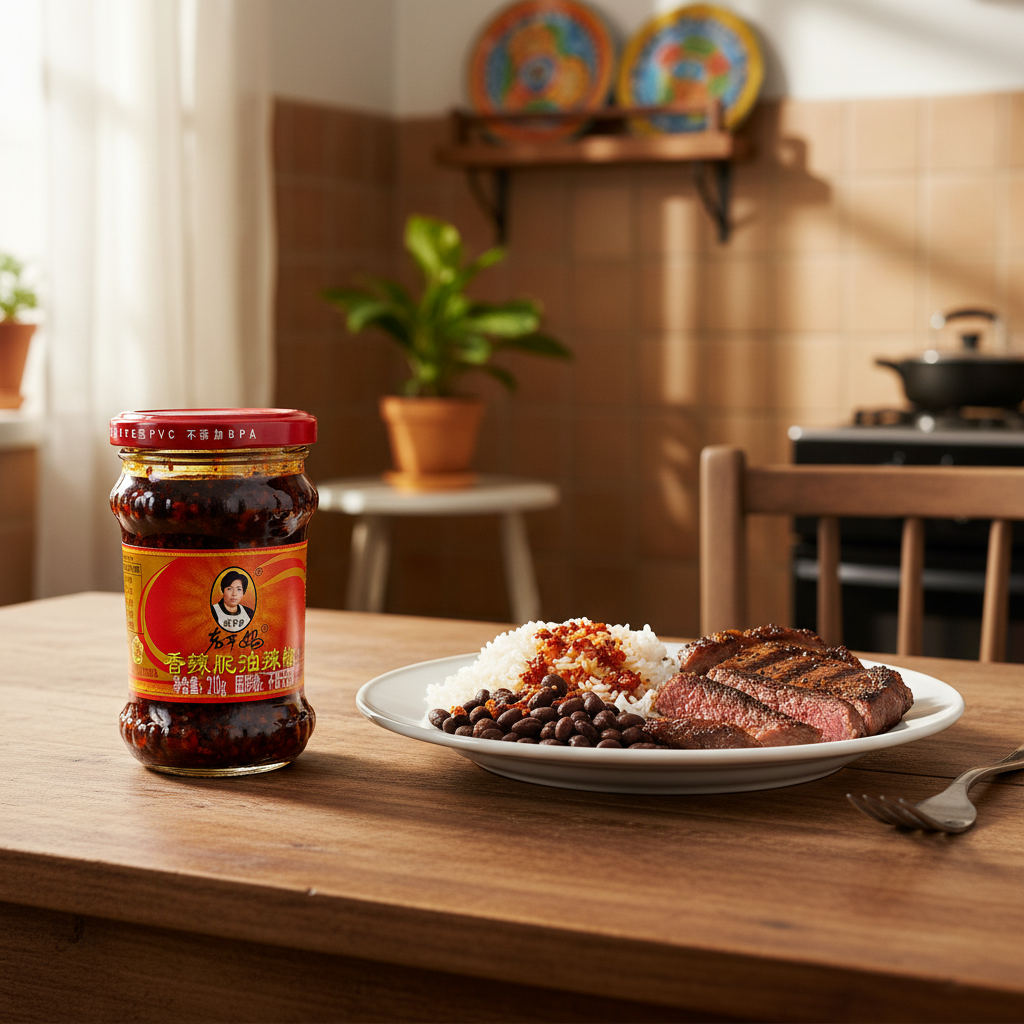 Mei Wei: Pimenta Chilli Crispy Lao Gan Ma 210g com arroz e feijão brasileiro - tempero para prato tradicional brasileiro