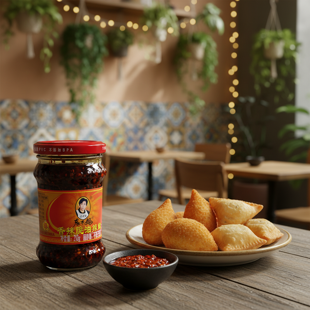 Mei Wei: Pimenta Chilli Crispy Lao Gan Ma 210g com coxinha brasileira - fusão culinária Brasil-Ásia