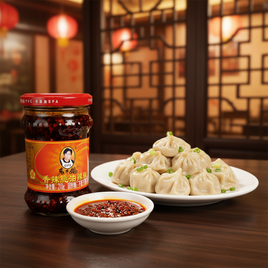 Mei Wei: Pimenta Chilli Crispy Lao Gan Ma 210g com dumplings em restaurante chinês tradicional - uso autêntico do molho de pimenta