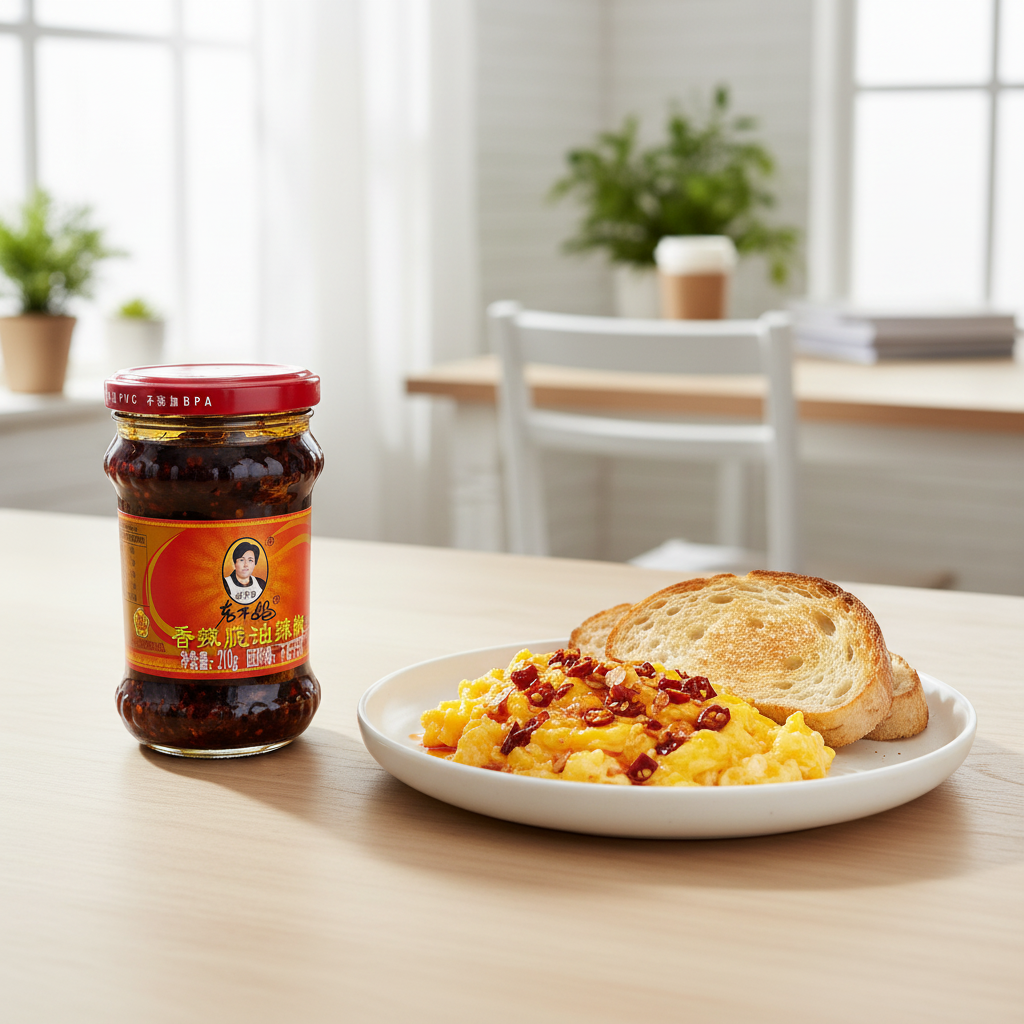 Mei Wei: Pimenta Chilli Crispy Lao Gan Ma 210g com ovos no brunch - chilli oil para café da manhã