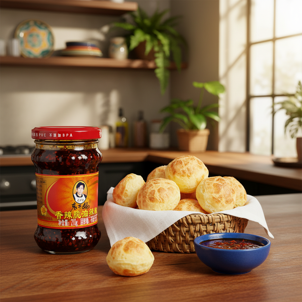 Mei Wei: Pimenta Chilli Crispy Lao Gan Ma 210g com pão de queijo brasileiro - molho de pimenta para salgados