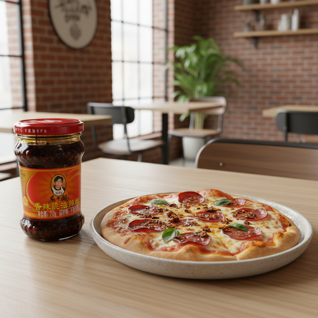 Mei Wei: Pimenta Chilli Crispy Lao Gan Ma 210g com pizza artesanal em café moderno - chilli oil para pizza gourmet