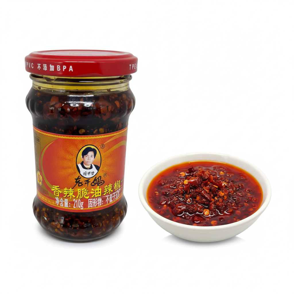 Mei Wei: Pimenta Chilli Crispy Lao Gan Ma 210g com tigela mostrando textura crocante - molho de pimenta chinês