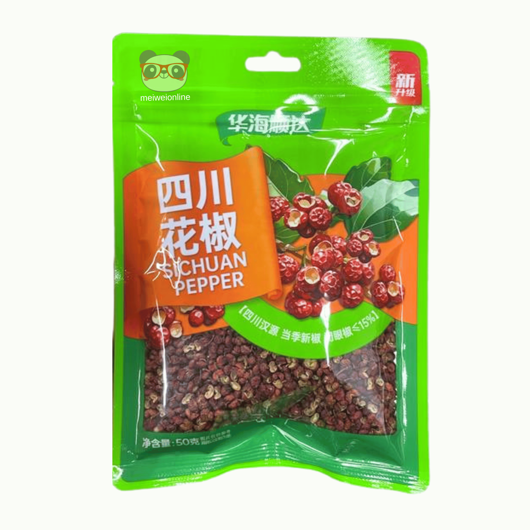 Mei Wei Pimenta de Sichuan em grão Huahaishunda 四川花椒 embalagem 50g verde