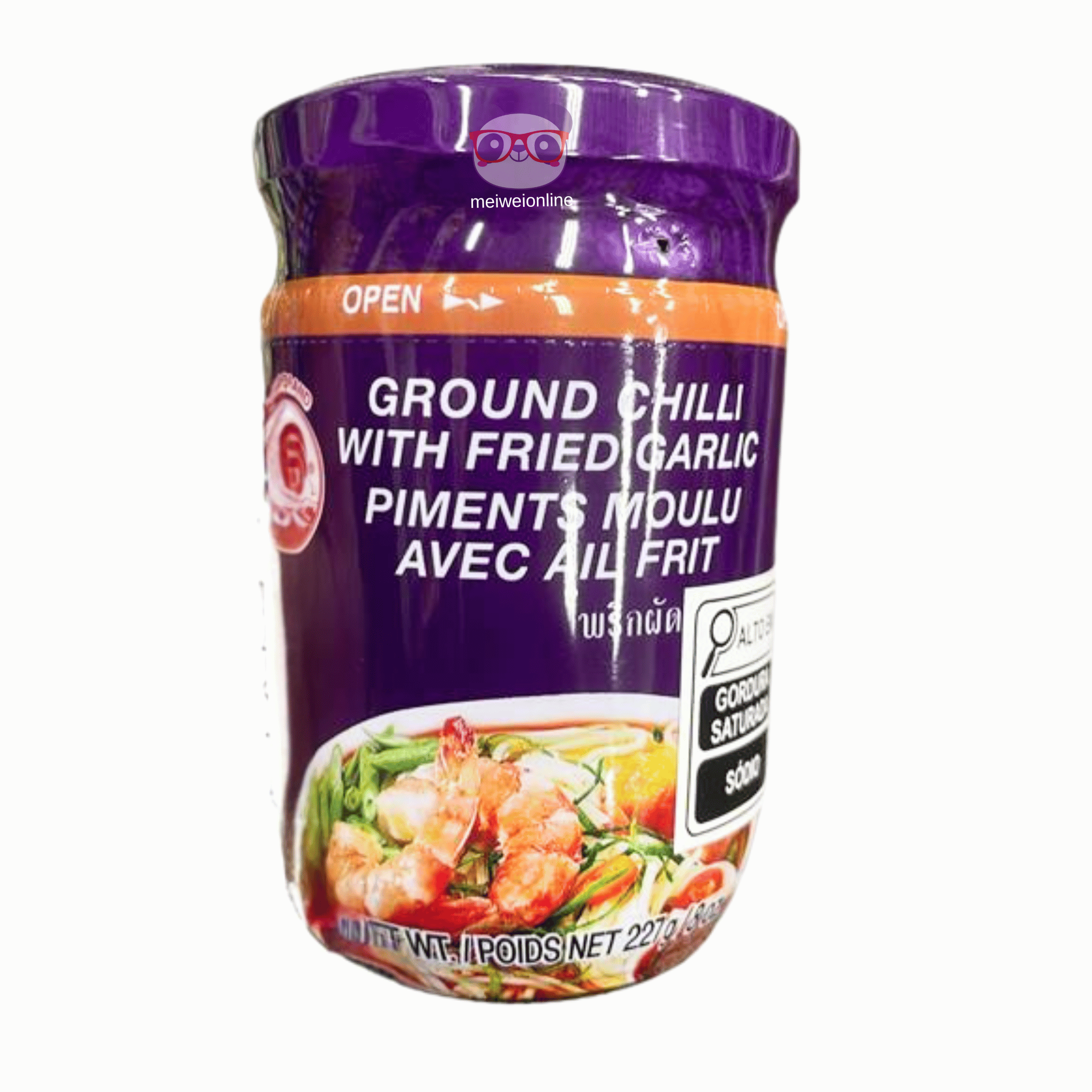 Pimenta moída com alho frito Cock Brand 227g em pote roxo – condimento tailandês ground chilli with fried garlic