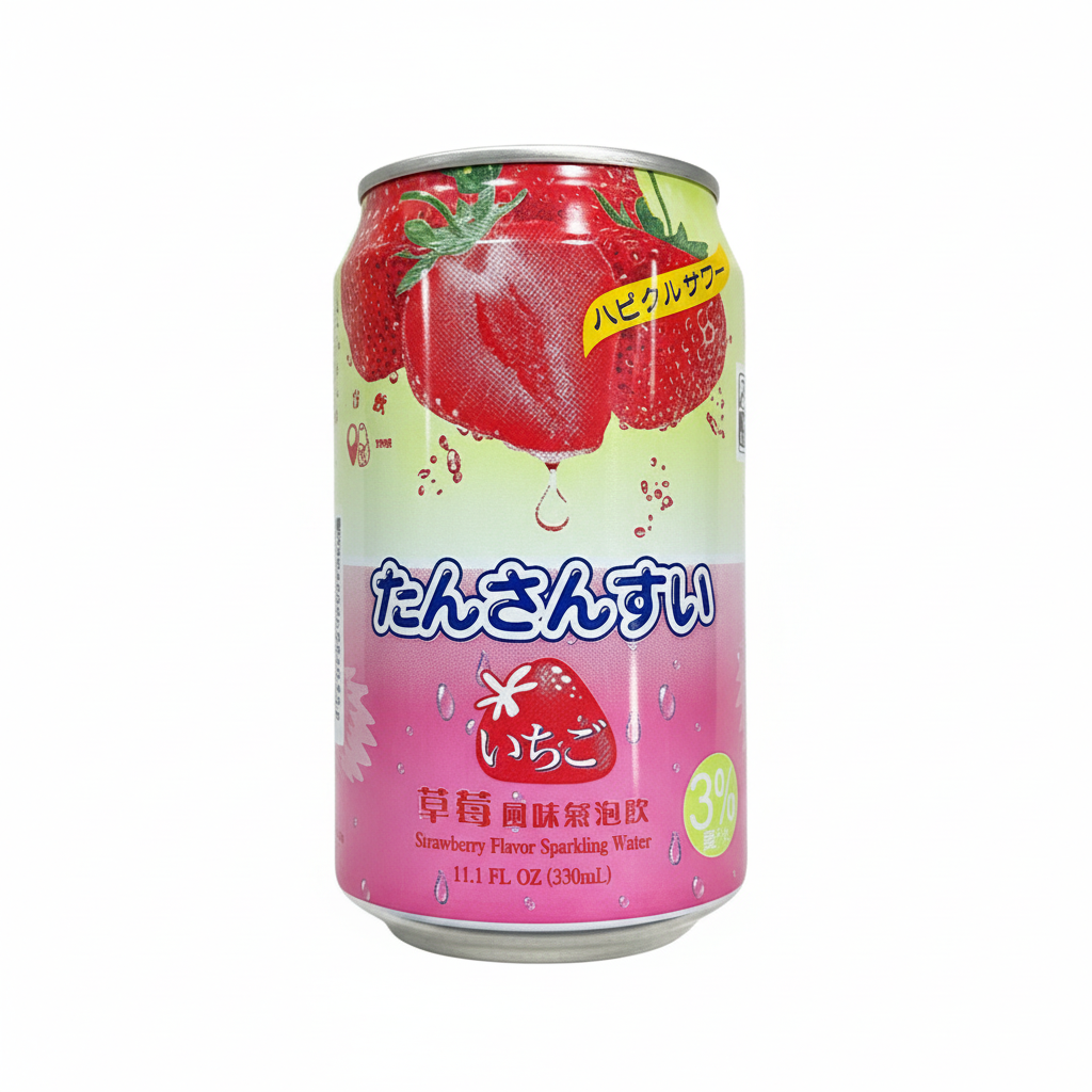 Mei Wei: Refrigerante Sabor Morango Dong Fang Yin 330ml - Embalagem em Fundo Branco