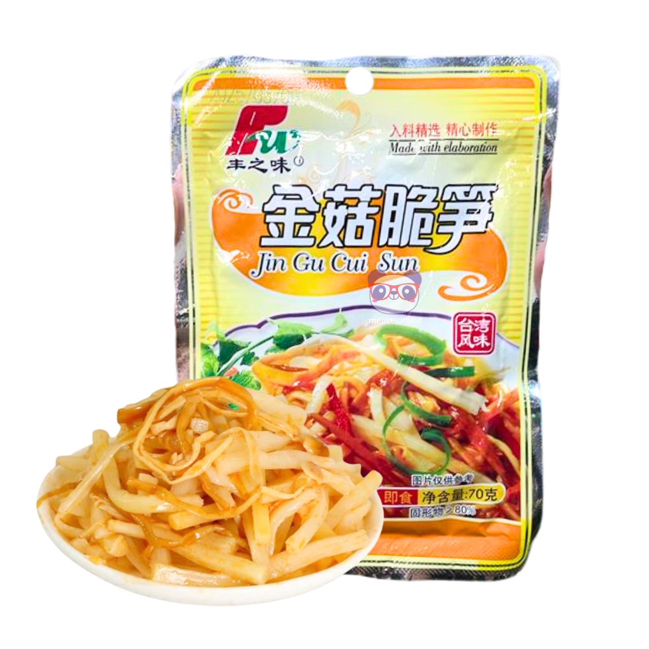 Salada de cogumelo enoki fatiado (金菇脆笋 Jin Gu Cui Sun) embalagem 70g – petisco oriental pronto para consumo
