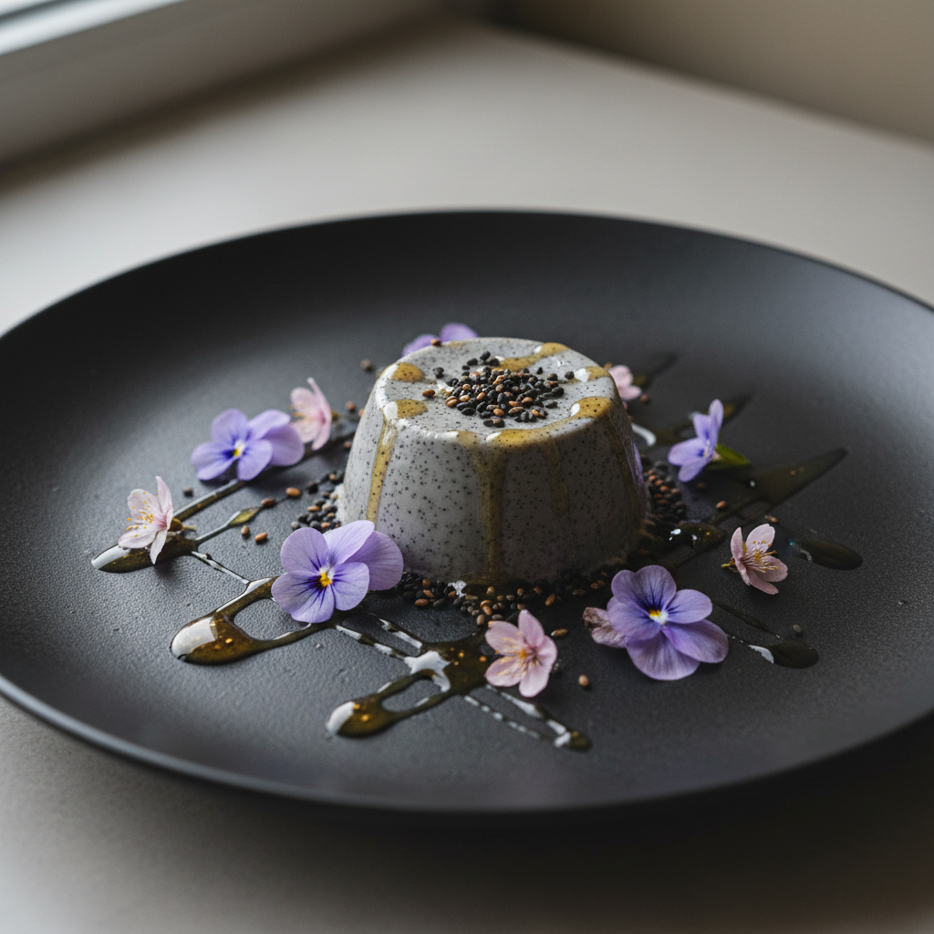 Mei Wei: Sobremesa gourmet com gergelim preto torrado - sorvete decorado com sementes de gergelim preto e flores comestíveis em prato minimalista