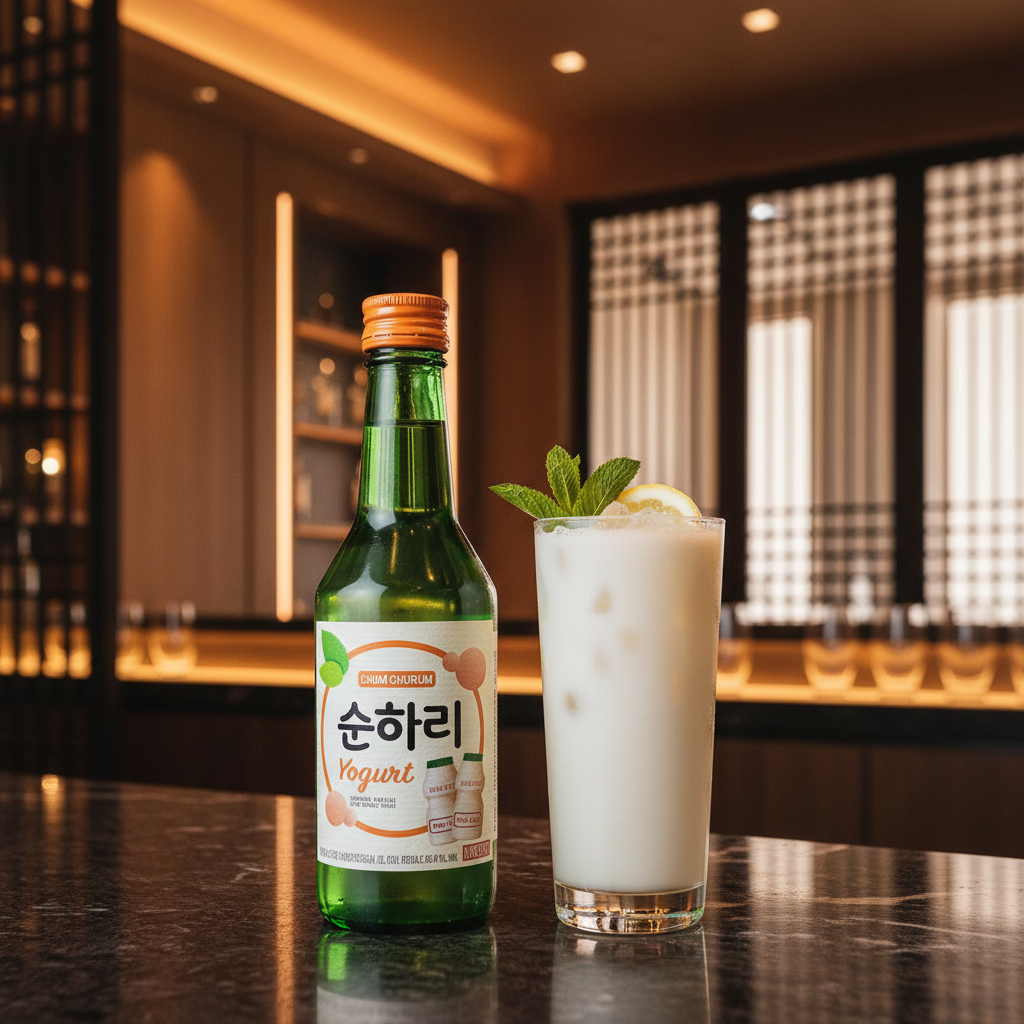 Mei Wei: Soju Yogurt Chum Churum com coquetel cremoso em taça coupe decorado com limão siciliano e menta em bar sofisticado