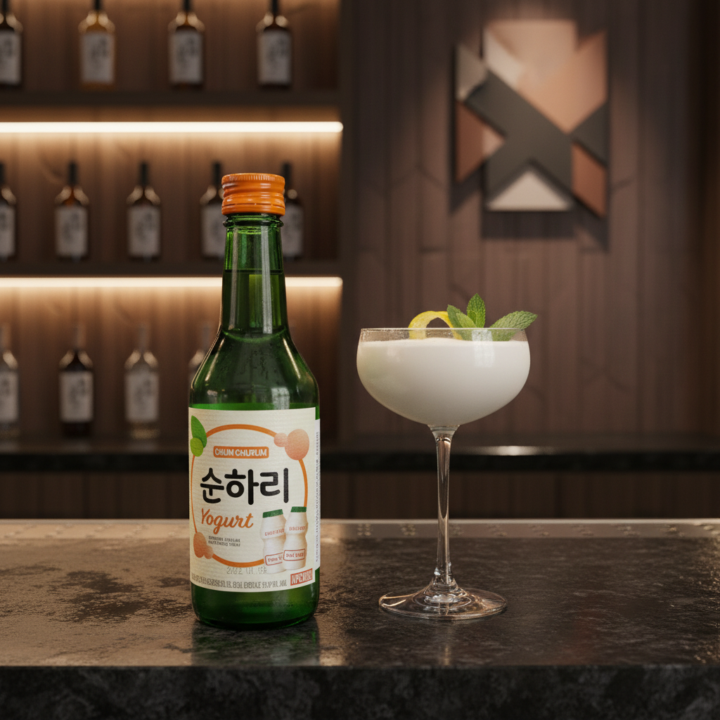 Mei Wei: Soju Yogurt Chum Churum com drink cremoso em copo alto decorado com menta em ambiente de bar premium

