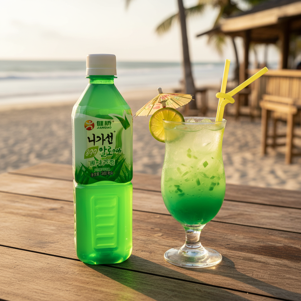 Mei Wei: Suco Chinês de Aloe Vera Jianqiao 500ml como drink tropical em bar de praia brasileiro - bebida refrescante à beira-mar