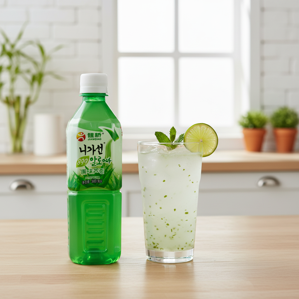 Mei Wei: Suco Chinês de Aloe Vera Jianqiao 500ml servido gelado em cozinha asiática moderna - bebida refrescante e saudável